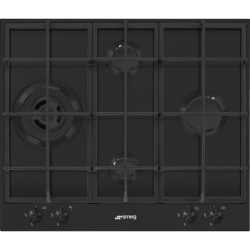 Варочная поверхность Smeg/ Газовая варочная поверхность, 60 см, Classica, 4 конфорки, поворотные переключатели, газ-контроль, автоматический электроподжиг, чугунные решетки, цвет черный