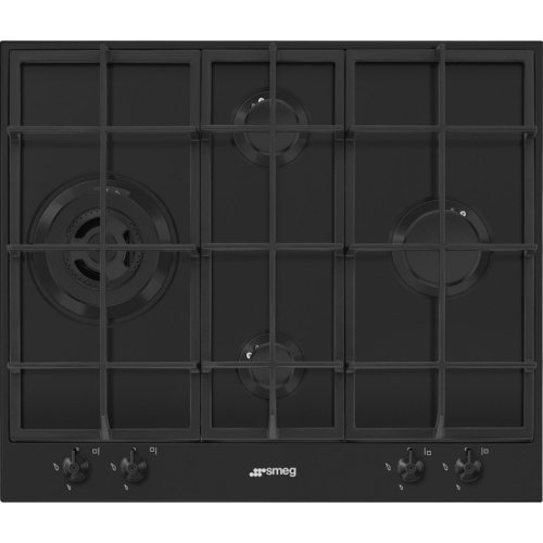 Варочная поверхность Smeg/ Газовая варочная поверхность, 60 см, Classica, 4 конфорки, поворотные переключатели, газ-контроль, автоматический электроподжиг, чугунные решетки, цвет черный