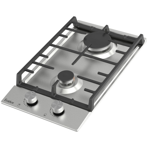 Варочная панель газовая, 30 см, 2 конфорки: экономичная конфорка (0,9 кВт), экспресс-конфорка (2,9 кВт), газ-контроль, электроподжиг, нержавеющая сталь, чугунные решетки, поворотные переключатели, комплект форсунок-переходников на балонный газ, 290х515х10