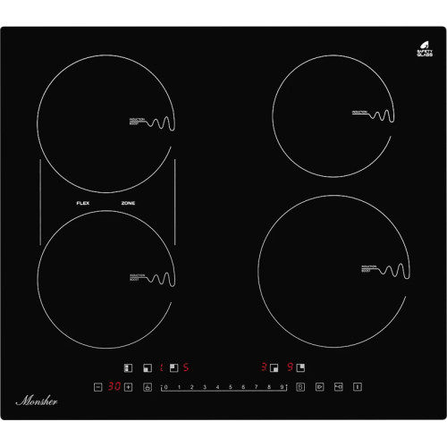Встраиваемая индукционная  варочная панель MONSHER/ Индукционная варочная поверхность, стеклокерамика KANGER, ширина 60 см, 4 индукционные зоны нагрева: Передняя левая: 1,6 кВт/Booster 1,8 кВт, Передняя правая: 1,8 кВт/Booster 2 кВт, Задняя левая: 1,6 кВт