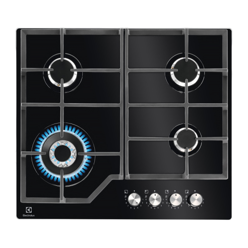 Встраиваемые газовые панели ELECTROLUX/ Газовая варочная поверхность - газ на стекле, 2 чугунных держателя, газконтроль варочной поверхности, интегрированный автоподжиг варочной поверхности, конфорки: Конфорка ускоренного нагрева, средней мощности, Конфор