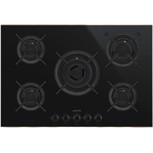 Встраиваемая газовая панель SMEG/ Газ,  Dolce Stil Novo, Газовая варочная панель, 75 см, черная стеклокерамика, медный профиль