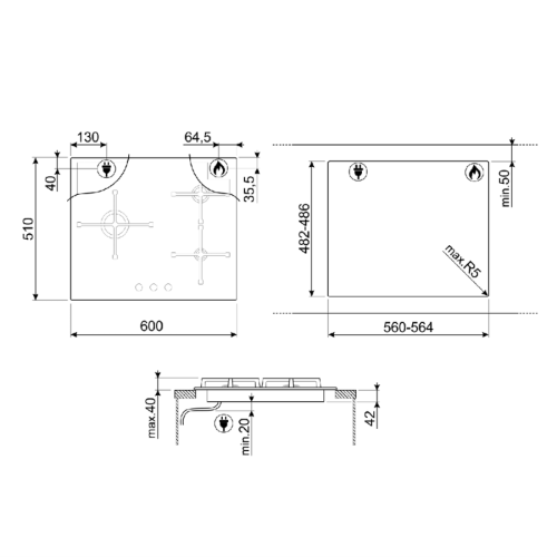 Встраиваемые газовые панели SMEG/ Газовая варочная панель, 60 см, стекло Deep Black (чёрное), скошенный край