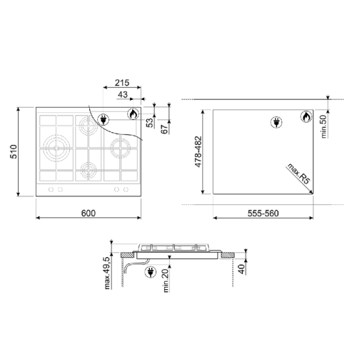 Встраиваемая газовая панель SMEG/ Газ,  Classica,газовая варочная панель, 60 см,нержавеющая сталь
