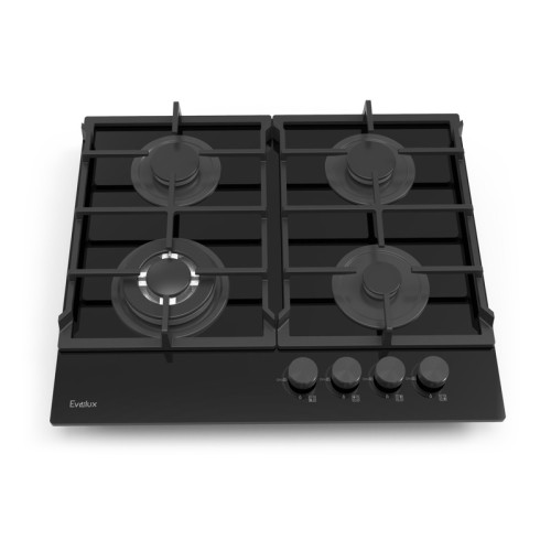 Газовая варочная панель EVELUX, Hi-Tech, 60 см, 4 конфорки, WOK-конфорка, чугунные решетки, газ-контроль, электроподжиг, механическое управление, поверхность из закаленного стекла, цвет черный