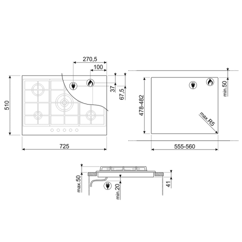 Встраиваемая газовая панель SMEG/ Газ,  Linea,газовая варочная панель, 72,5 см,нержавеющая сталь