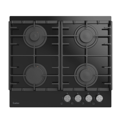 Варочная панель газовая, 60 см, 4 конфорки: экономичная конфорка (0,9 кВт), 2 стандартных конфорки (2х1,7 кВт), экспресс-конфорка (2,9 кВт), газ-контроль, электроподжиг, черное высокопрочное закаленное стекло, чугунные решетки, поворотные переключатели, к