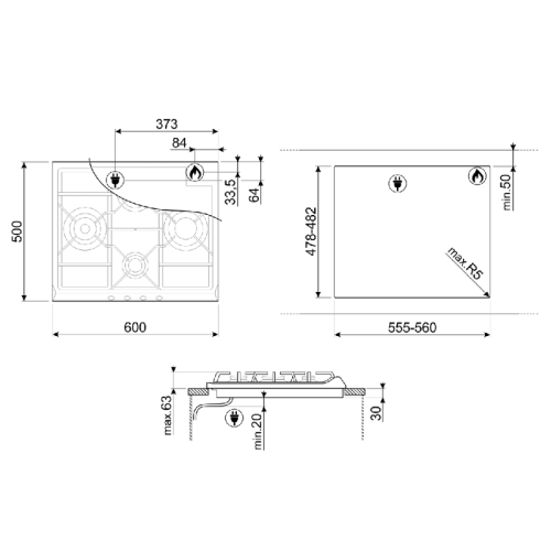 Встраиваемые газовые панели SMEG/ Газ,  CORTINA,газовая варочная панель, 60 см,антрацит/ фурнитура латунь