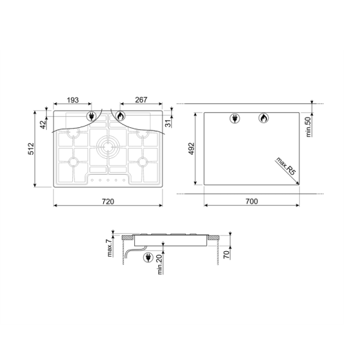 Встраиваемые газовые панели SMEG/ Газ,  Газовая варочная панель, 72 см,нержавеющая сталь/ фурнитура Linea и Classica в комплекте