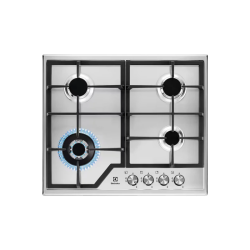 Встраиваемые газовые панели ELECTROLUX/ Газовая варочная поверхность -нержавеющая сталь, мощность: 8550 Вт, WOK-конфорка, автоматический электроподжиг, газ-контроль, решетки: чугун, независимая установка, размеры (ШхГ): 59.5x51 см