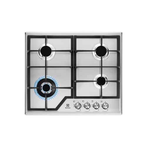 Встраиваемые газовые панели ELECTROLUX/ Газовая варочная поверхность -нержавеющая сталь, мощность: 8550 Вт, WOK-конфорка, автоматический электроподжиг, газ-контроль, решетки: чугун, независимая установка, размеры (ШхГ): 59.5x51 см