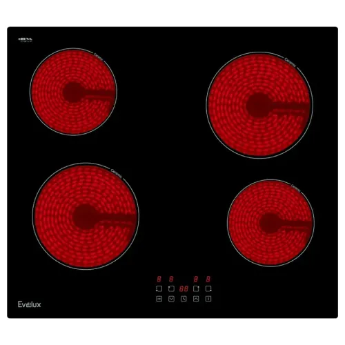 Электрическая варочная панель EVELUX, 4 конфорки, мощность конфорок 1200,1200,1800,1800 Вт, сенсорное управление, индикация остаточного тепла, защитное отключение, таймер, автоматическое отключение, HiLight, 9 уровней мощности, цвет черный