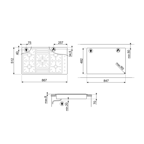 Встраиваемые газовые панели SMEG/ Газ,  Газовая варочная панель, 87 см,нержавеющая сталь/ фурнитура Linea и Classica в комплекте