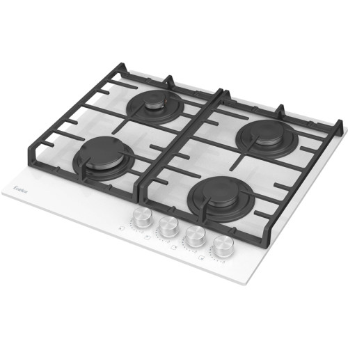 Варочная панель газовая, 60 см, 4 конфорки: экономичная конфорка (0,9 кВт), 2 стандартных конфорки (2х1,7 кВт), экспресс-конфорка (2,9 кВт), газ-контроль, электроподжиг, белое высокопрочное закаленное стекло, чугунные решетки, поворотные переключатели, ко