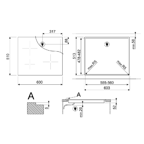 Встраиваемые индукционные панели SMEG/ Индукционная,  Индукционная варочная панель, 60 см, 4 конфорки, прямой край, черная