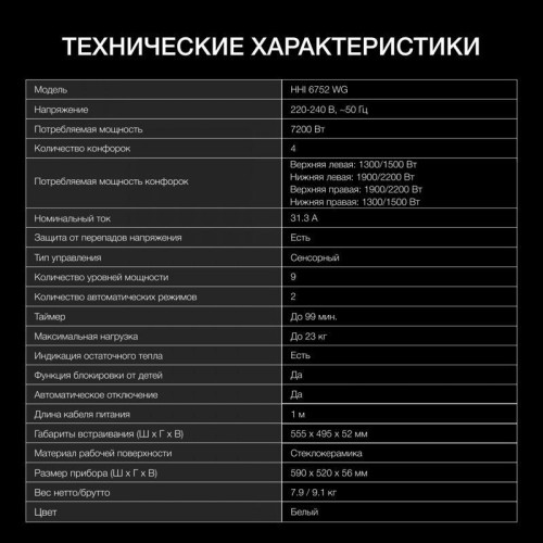 Индукционная варочная поверхность/ Индукционная варочная поверхность Hyundai HHI 6752 WG белый