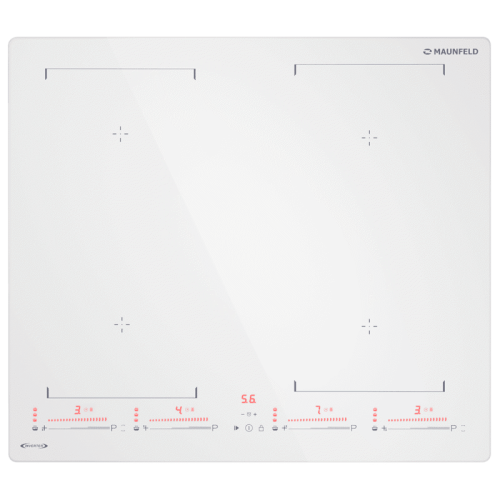 Встраиваемые индукционные панели MAUNFELD/ Индукционная, 59 см, 4 конфорки, Flex Zone, слайдерное управление, бустер, таймер, автоматическое выключение, белый цвет, инверторные катушки