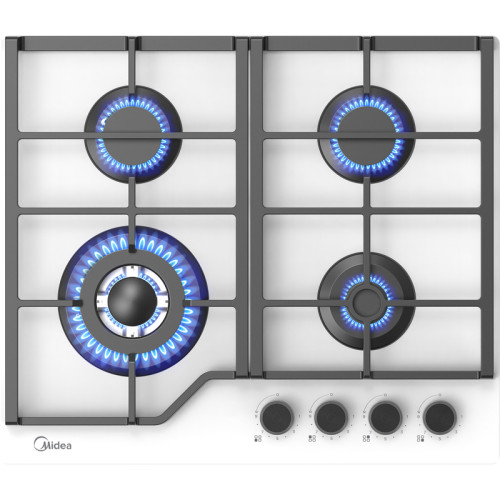 Газовая варочная панель MIDEA/ MDK/Газовая варочная поверхность,закаленное стекло, ширина 60 см, 4 газовые конфорки, 1 конфорка повышенной мощности WOK (4 кВт), фронтальные поворотные регуляторы, электроподжиг, газ-контроль каждой конфорки, новый дизайн ч