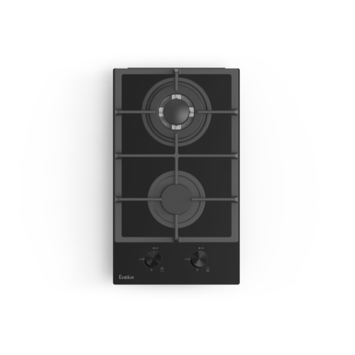 Газовая варочная панель EVELUX, Hi-Tech, 30 см, 2 конфорки, WOK-конфорка, чугунные решетки, газ-контроль, электроподжиг, механическое управление, цвет черный