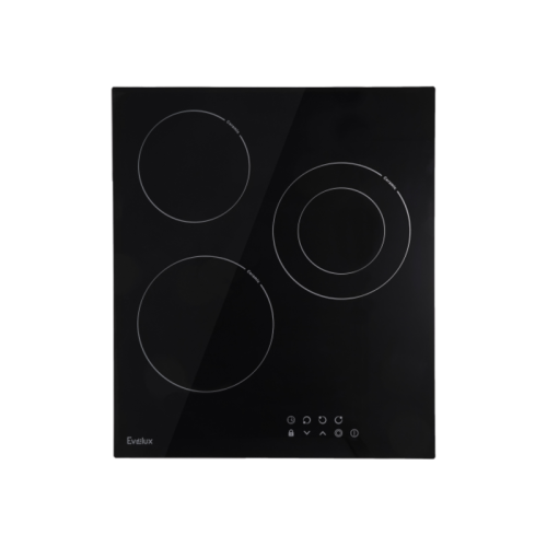 Варочная панель электрическая, стеклокерамика, Hi Light, 45 см, 3 конфорки, сенсорное управление, 9 уровней мощности, таймер 1-99 мин, блокировка управления, защитное отключение,  двухконтурная, 5000 Вт, черное стекло, 450х520х50 мм.