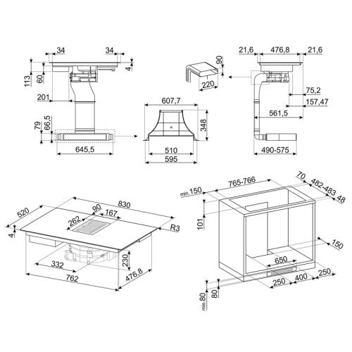 Варочная поверхность со встроенной вытяжкой Smeg/ Варочная поверхность со встроенной вытяжкой Smeg, 80 см, прямой край, 4 зоны приготовления, multizone, 9 уровней мощности, пауза, акустический сигнал окончания приготовления, индикация оставшегося времени,