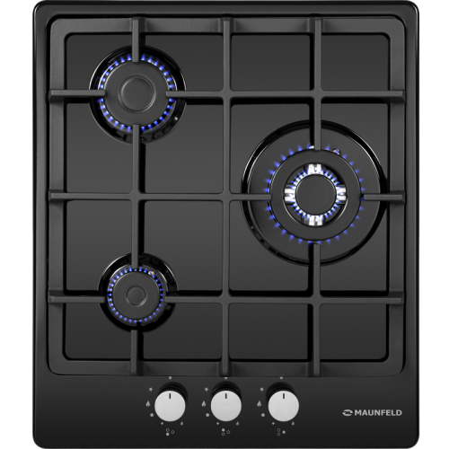 Газовая варочная панель MAUNFELD/ Газовая варочная панель MAUNFELD EGHE.43.33CB/G  механическое управление, 3 конфорки, мощность конфорок 1000, 1700, 3000, электроподжиг, газ-контроль, WOK, цвет черный