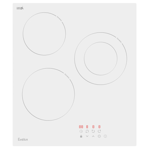 Варочная панель электрическая, стеклокерамика, Hi Light, 45 см, 3 конфорки, сенсорное управление, 9 уровней мощности, таймер 1-99 мин, блокировка управления, защитное отключение,  двухконтурная, 5000 Вт, белое стекло Eurokera (Франция), 450х520х50 мм.