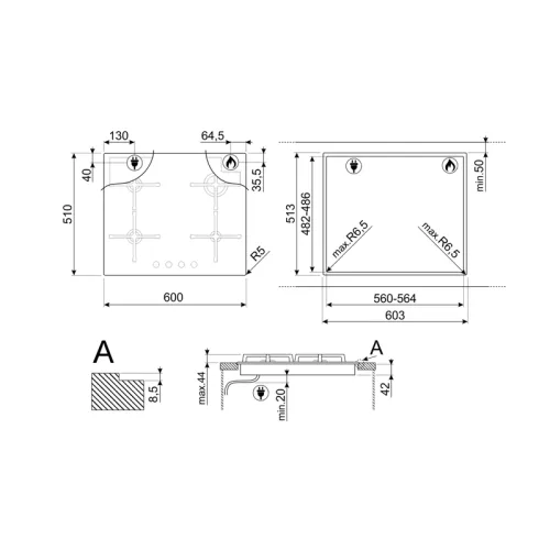 Варочная поверхность Smeg/ Варочная поверхность Smeg, газ, 60 см, Selezione, поворотные переключатели, чугунные решетки, 4 конфорки, газ-контроль, автоматический электроподжиг, материал поверхности стекло, цвет черный