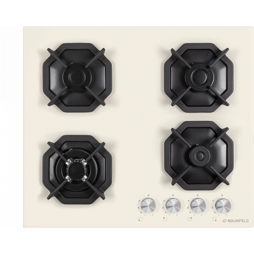 Встраиваемые газовые панели MAUNFELD/ газ, газ на стекле, ширина 60 см, 4 конфорки, чугунные решетки, газ-контроль , электроподжиг, бежевый