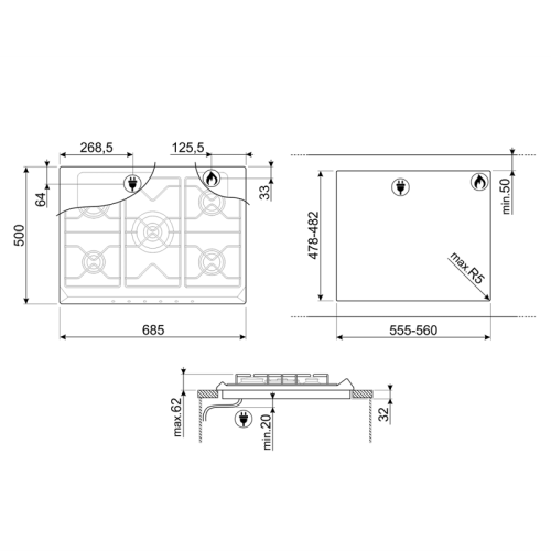 Встраиваемая газовая панель SMEG/ Газ,  Victoria, газовая варочная панель, 70 см, черная