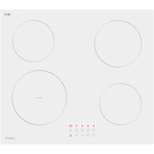 Варочная панель электрическая, индукция, 60 см, 4 конфорки, функция Booster на одной зоне, сенсорное управление, 9 уровней мощности, таймер 1-99 мин, блокировка управления, защитное отключение,  6800 Вт, белое стекло Eurokera (Франция), 590х520х58 мм.