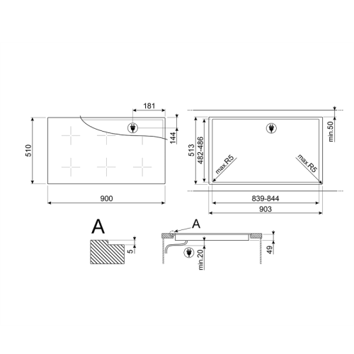 Встраиваемая электрическая панель SMEG/ Индукционная варочная панель, 90 см, Multizone, Ультранизкий профиль или вровень со столешницей, черный цвет