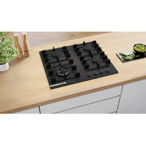 Serie 4,Газовая поверхность, 4.5х59x52 см, закаленное стекло, 4 конфорки, Wok, газ-контроль, автоподжиг, черный цвет