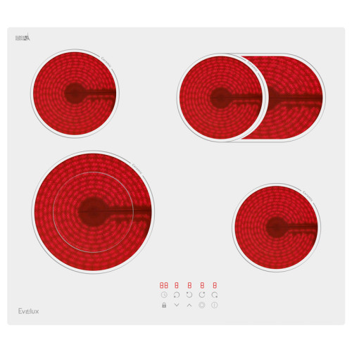 Варочная панель электрическая, стеклокерамика,  Hi Light, 60 см, 4 конфорки, сенсорное управление, 9 уровней мощности, таймер 1-99 мин, блокировка управления, защитное отключение,   двухконтурная, овальная зона, 6600 Вт, белое стекло Eurokera (Франция), 5