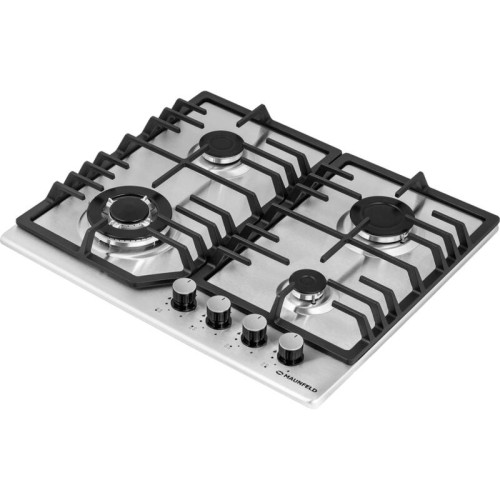 Встраиваемые газовые панели MAUNFELD/ Варочная панель, Газ,  Тип: газовая 60см, чугунные решетки, газ-контроль, WOK горелка, механическое управление, 4 конфорки, электроподжиг, газ-контроль,нержавеющая сталь