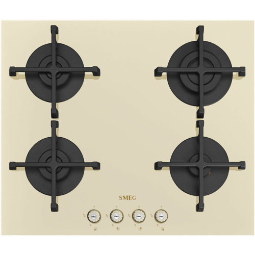 Встраиваемая газовая панель SMEG/ Coloniale, Газовая варочная панель, 60 см, цвет кремовый, фурнитура латунная, прямой край