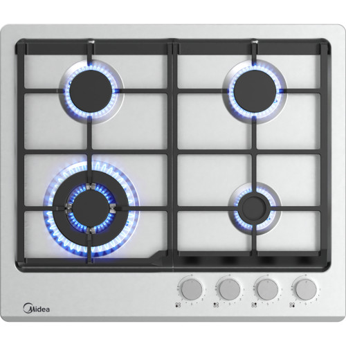 Газовая варочная панель MIDEA/ Газовая варочная панель MIDEA, 60 см, 4 конфорки, закаленное стекло, WOK-конфорка, чугунные решетки, автоподжиг, газконтроль, адаптер для кофе, цвет нержавеющая сталь