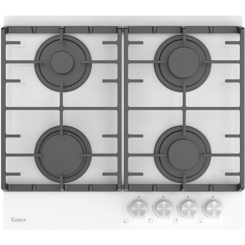 Варочная панель газовая, 60 см, 4 конфорки: экономичная конфорка (0,9 кВт), 2 стандартных конфорки (2х1,7 кВт), экспресс-конфорка (2,9 кВт), газ-контроль, электроподжиг, белое высокопрочное закаленное стекло, чугунные решетки, поворотные переключатели, ко