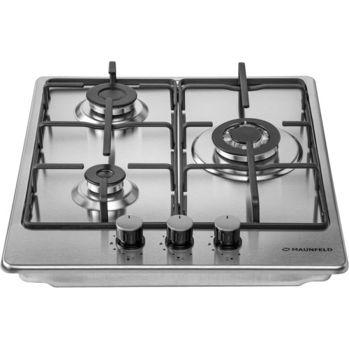 Газовая варочная панель, 45 см, механическое управление, 3 конфорки, мощность конфорок 1000, 1700, 3000, электроподжиг, газ-контроль, WOK, цвет нержавеющая сталь