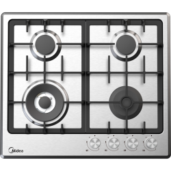 Газовая варочная поверхность Midea/ Газовая варочная поверхность, ширина 60 см, 4 газовые конфорки, 1 конфорка повышенной мощности WOK (4 кВт), фронтальные поворотные регуляторы, электроподжиг, газ-контроль каждой конфорки, чугунные решетки, цвет - нержав