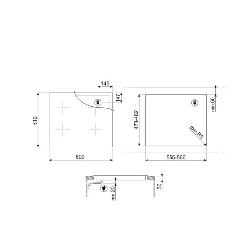 Варочная поверхность Smeg/ Индукционная варочная поверхность, 60 см, прямой край, 4 конфорки, автоматическое отключение, 9 уровенй мощности, автовентиляция, пауза, таймер, индикация времени, определение посуды, защита от случайного включения, MultiZone, ц