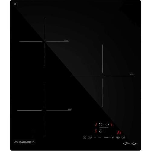 Встраиваемая варочная панель/ Индукционная варочная панель MAUNFELD, 45 см, 3 конфорки, мощность конфорок 1500, 2100, 2600 Вт, сенсорное управление, таймер, автоматическое выключение, бустер, блокировка панели, черный цвет