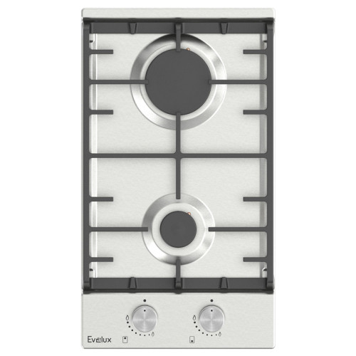 Варочная панель газовая, 30 см, 2 конфорки: экономичная конфорка (0,9 кВт), экспресс-конфорка (2,9 кВт), газ-контроль, электроподжиг, нержавеющая сталь, чугунные решетки, поворотные переключатели, комплект форсунок-переходников на балонный газ, 290х515х10