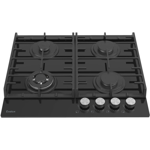 Варочная панель газовая, 60 см,  4 конфорки: экономичная конфорка (0,95 кВт), 2 стандартных конфорки (2х1,7 кВт), ВОК конфорка (2,5 кВт), газ-контроль, электроподжиг, черное высокопрочное