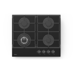 Газовая варочная панель EVELUX, Hi-Tech, 60 см, 4 конфорки, WOK-конфорка, чугунные решетки, газ-контроль, электроподжиг, механическое управление, поверхность из закаленного стекла, цвет черный