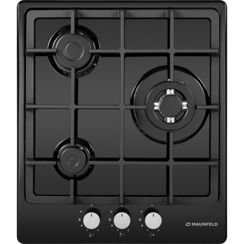 Газовая варочная панель MAUNFELD/ Газовая варочная панель MAUNFELD EGHE.43.33CB/G  механическое управление, 3 конфорки, мощность конфорок 1000, 1700, 3000, электроподжиг, газ-контроль, WOK, цвет черный