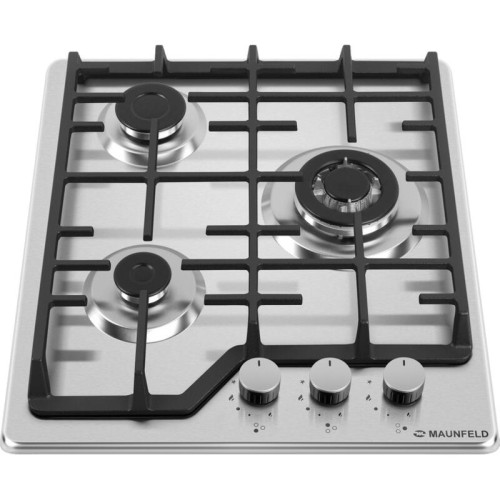Газовая варочная панель MAUNFELD/ Газ, 45 см, 3 конфорки, WOK, электроподжиг, газ-контроль, решетка чугун, нержавеющая сталь Газовая варочная панель MAUNFELD/ Газ, 45 см, 3 конфорки, WOK, электроподжиг, газ-контроль, решетка чугун, нержавеющая сталь