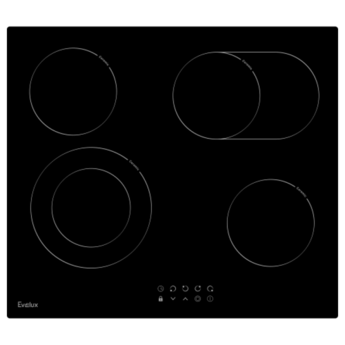 Варочная панель электрическая, стеклокерамика,  Hi Light, 60 см, 4 конфорки, сенсорное управление, 9 уровней мощности, таймер 1-99 мин, блокировка управления, защитное отключение,   двухконтурная, овальная зона, 6600 Вт, черное стекло, 590х520х50 мм.