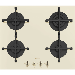 Встраиваемая газовая панель SMEG/ Coloniale, Газовая варочная панель, 60 см, цвет кремовый, фурнитура латунная, прямой край