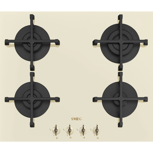 Встраиваемая газовая панель SMEG/ Coloniale, Газовая варочная панель, 60 см, цвет кремовый, фурнитура латунная, прямой край